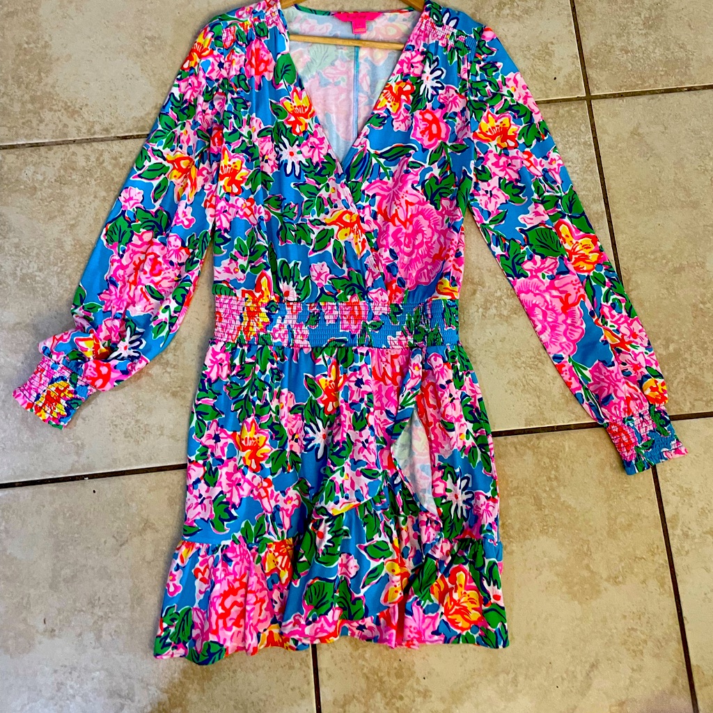 Lilly Pulitzer Blue Floral Long Sleeve Wrap Dress With Pink, Green & Yellow